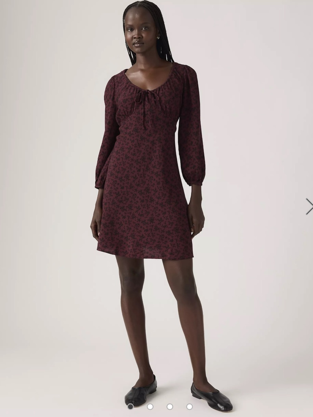 Levi's Wine Burgundy Floral Long-Sleeve Tie-Neck Mini Dress Boho Festival